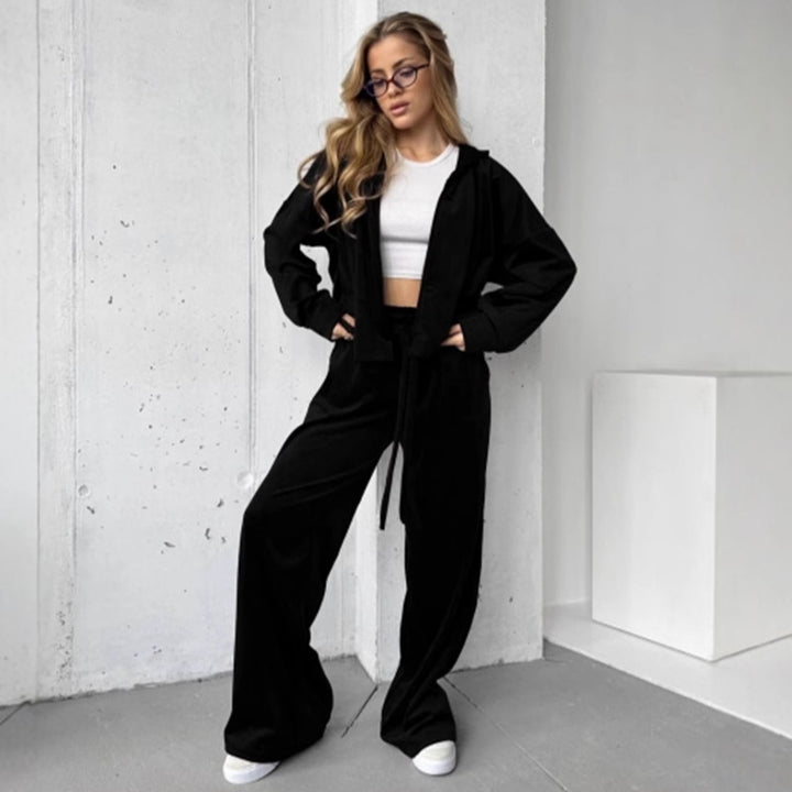 Damen weicher Velours Zweiteiler mit Kapuzenjacke und weiter Jogginghose Drune
