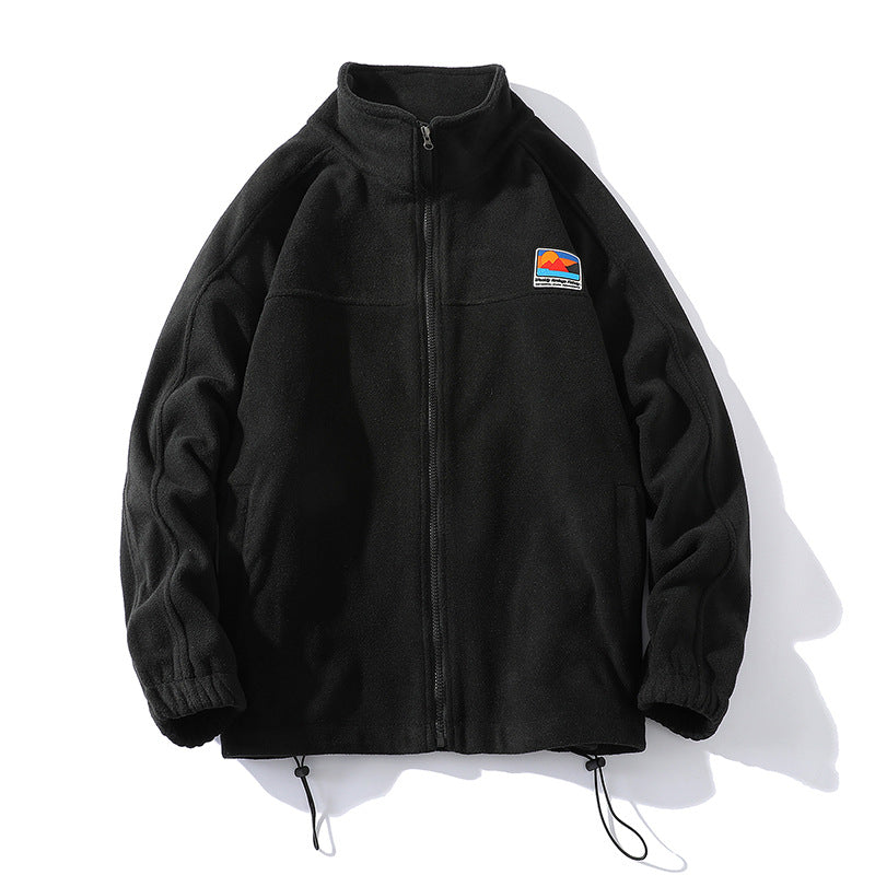 Herren Fleecejacke mit Stehkragen, durchgehendem Reißverschluss, elastischem Tunnelzug und Badge Patch Drune