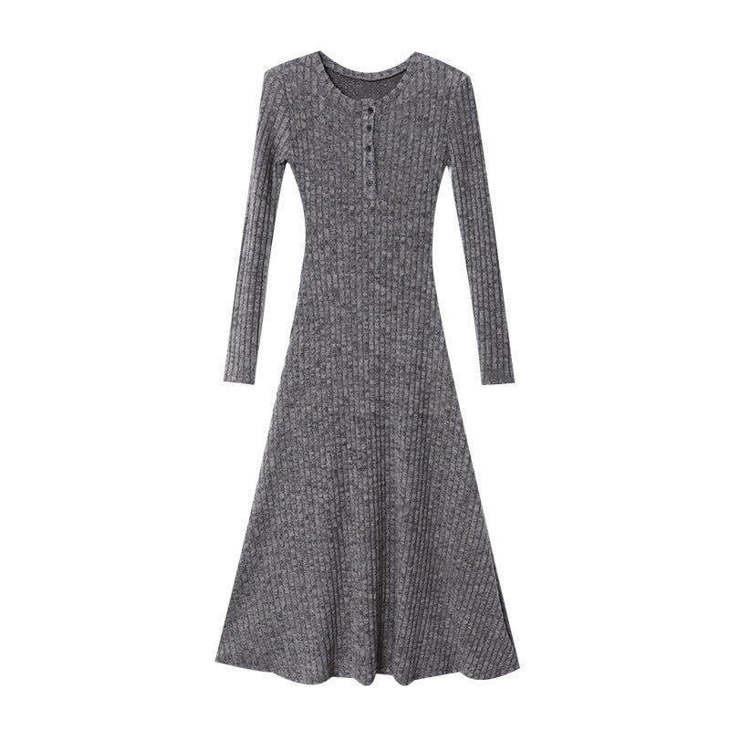 Damen langes Strickkleid mit Knopfleiste und figurbetontem Schnitt Drune