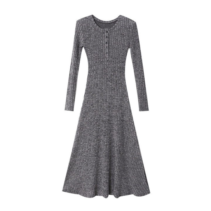 Damen langes Strickkleid mit Knopfleiste und figurbetontem Schnitt Drune