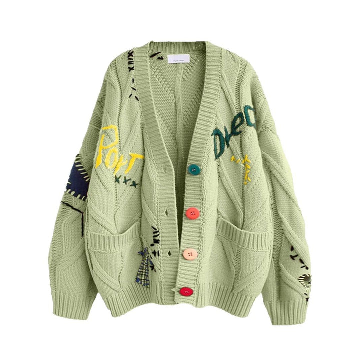Damen Stylischer Strickcardigan mit bunten Knöpfen und aufwendigem Design