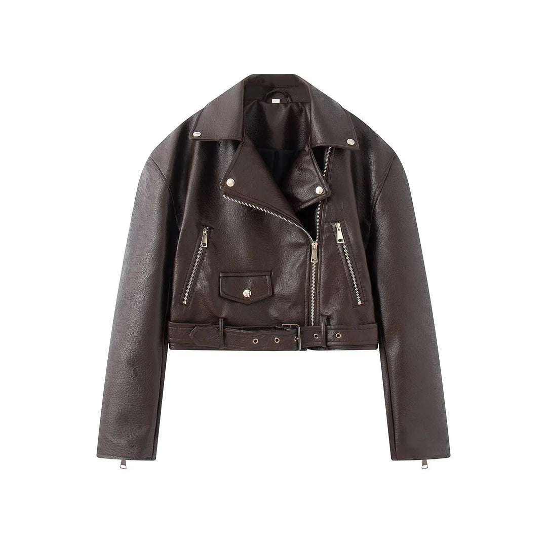 Damen nan cropped Bikerjacke aus veganem Lederimitat mit asymmetrischem Reißverschluss und Taillengürtel Drune