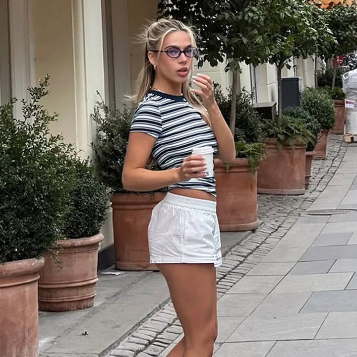 Damen figurbetontes gestreiftes T-Shirt mit Rundhalsausschnitt Drune