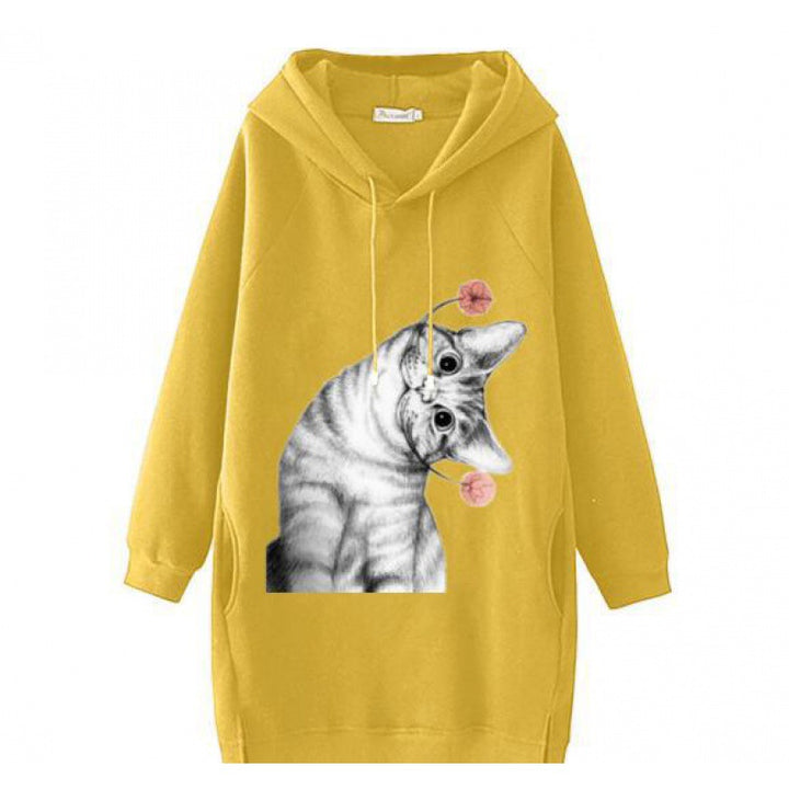 Damen Oversize Kapuzenkleid aus Sweat mit großem Katzenprint und Seitentaschen Drune