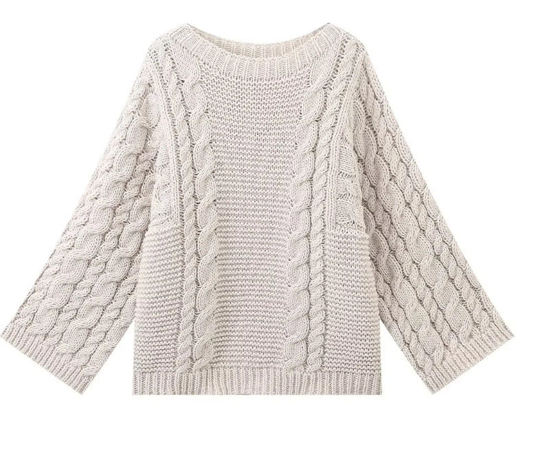 Damen Strickpullover mit voluminösen Ärmeln und strukturiertem Zopfmuster Drune