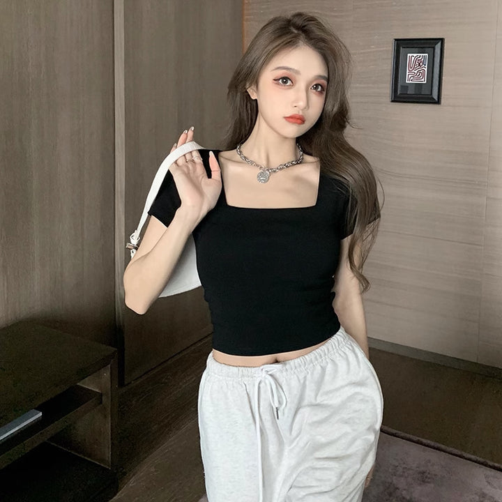 Damen Cropped T-Shirt mit modernem quadratischen Ausschnitt und figurbetontem Schnitt
