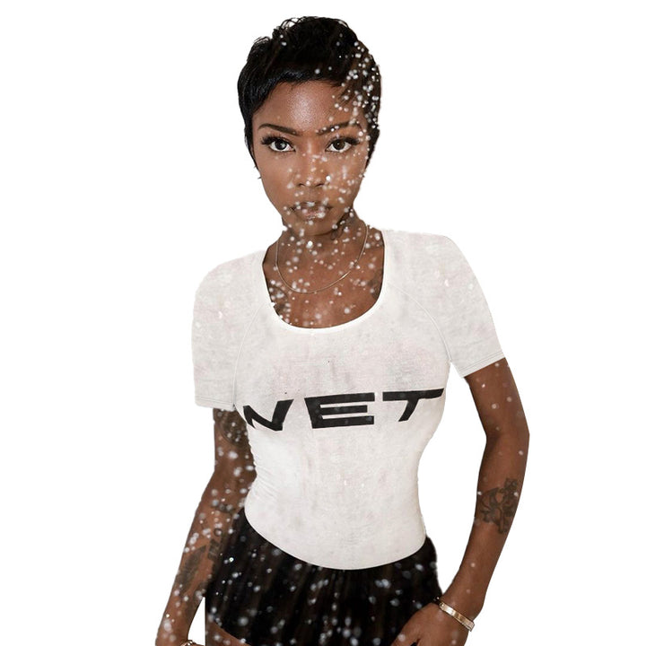 Damen figurbetontes T-Shirt mit modernem Logodruck Drune