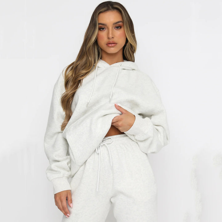 Damen kuscheliges Cropped-Kapuzen-Lounge-Set mit hochgeschnittener Tunnelzug-Jogginghose Drune
