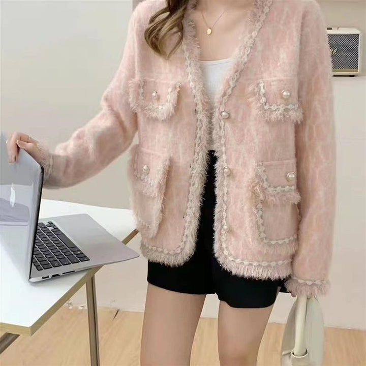 Damen Flauschige Strickjacke mit Perlen-Dekor Drune