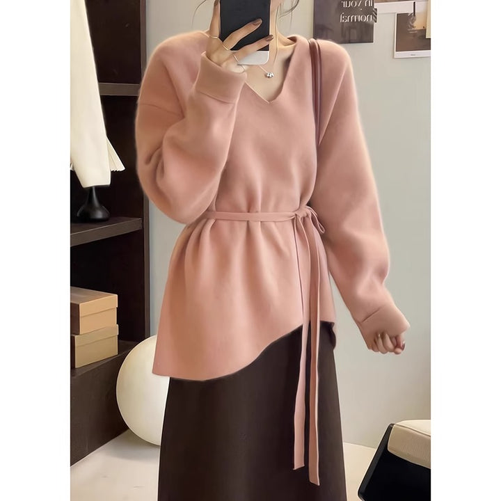 Damen Strickpullover mit V-Ausschnitt und Taillengürtel Drune