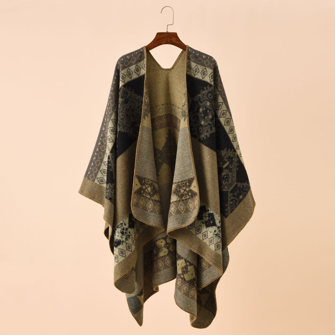 Damen Jacquard-Poncho-Cape mit Ethno-Muster und Wollmix Drune