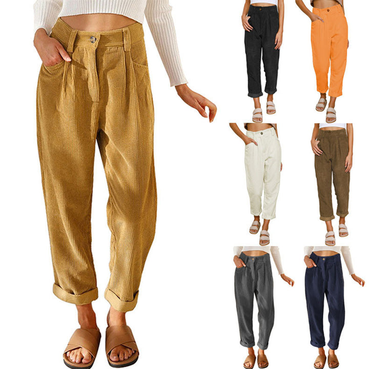 Damen lässige Cordhose mit hoher Taille, lockerer Tapered-Passform und umgeschlagenem Saum Drune