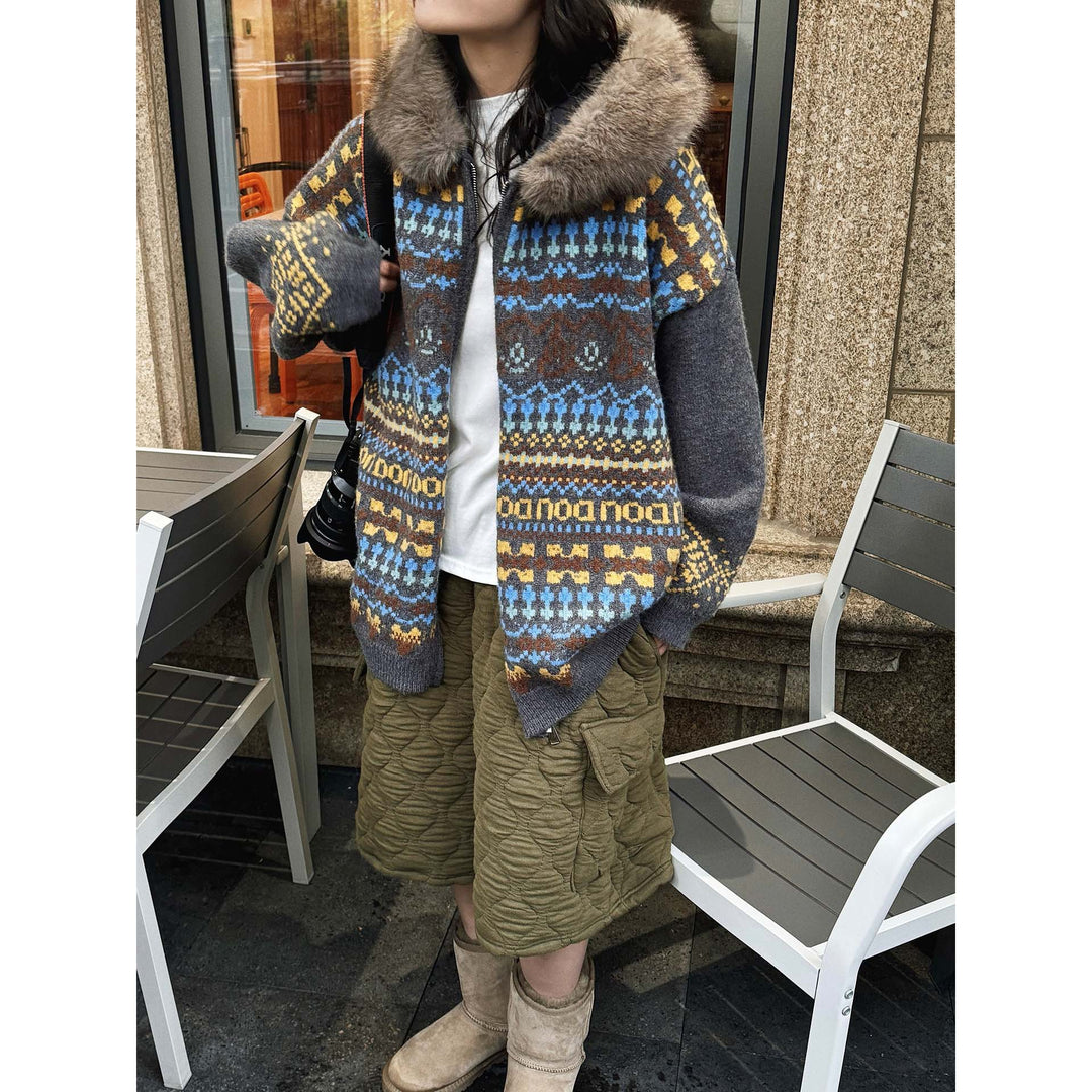 Damen Gemusterte Strickjacke mit Kunstfellkapuze und Reißverschluss Drune