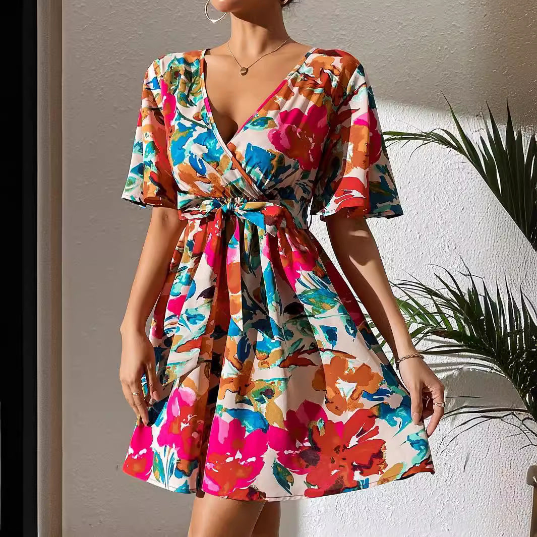 Damen nan Wickel-Minikleid mit tiefem V-Ausschnitt, Taillenschnürung und weiten Trompetenärmeln Drune