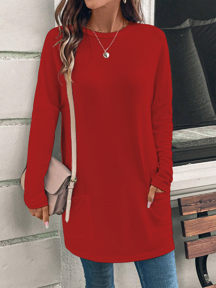 Weit geschnittene lange Tunika für Damen mit rundem Ausschnitt, seitlichen Taschen und weichem Jersey Drune