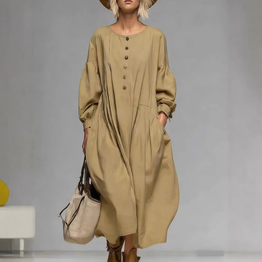 Damen Lässiges Midi-Kleid mit Knopfleiste, Ballonärmeln und Eingrifftaschen Drune