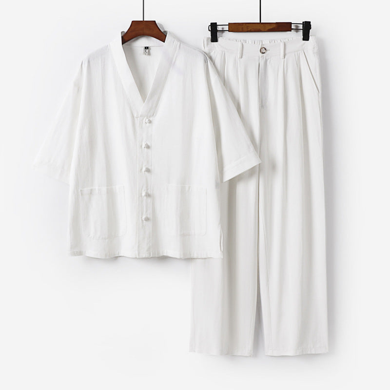 Unisex Zen-inspiriertes Relax-Set mit Kurzarm-Kimono-Oberteil, verdeckter Knopfleiste und elastischer Bundhose Drune