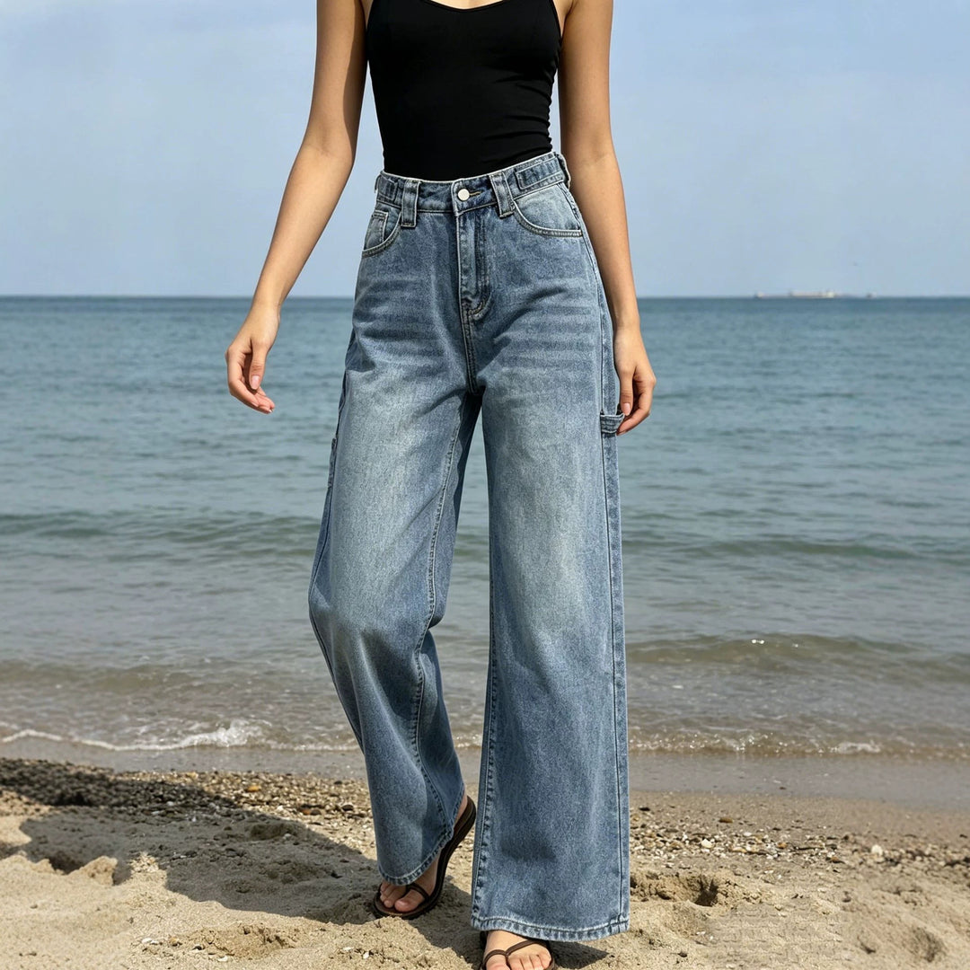 Damen nan weite High‑Waist Carpenter-Denimhose mit Utility-Seitentasche und ausgestelltem Bein Drune