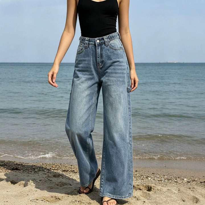 Damen nan weite High‑Waist Carpenter-Denimhose mit Utility-Seitentasche und ausgestelltem Bein Drune