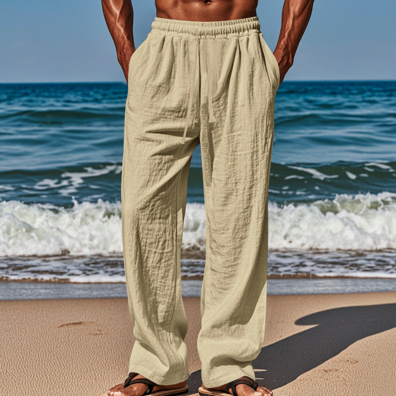 Herren Leichte Leinenhose mit weitem Schnitt, Elastikbund und Kordelzug Drune