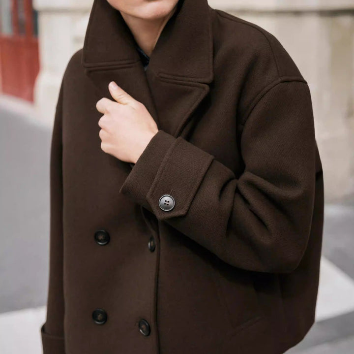 Damen Kurze doppeltreihige Boxy-Manteljacke mit weitem Revers Drune