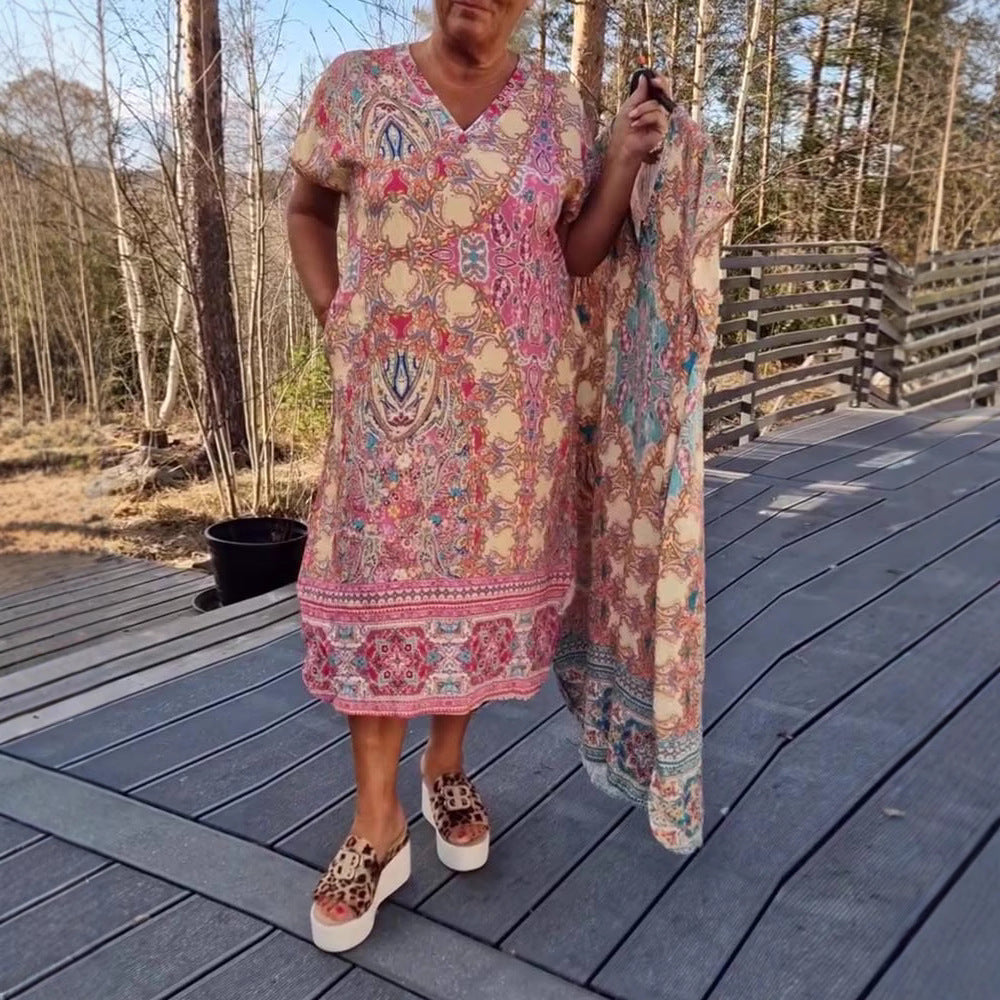 Damen nan fließendes Midikleid im Tunika‑Kaftan‑Mix mit V‑Ausschnitt kurzen Ärmeln lockerer Passform und passendem Pareo Drune