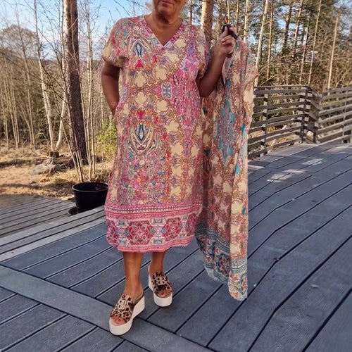 Damen nan luftiges V-Ausschnitt-Kleid im Paisley-Print mit Eingrifftaschen und passendem Pareo Drune