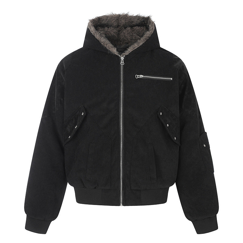 Damen Oversize Velours-Bomberjacke mit Kapuze, Kunstfellfutter und Reißverschluss-Front Drune