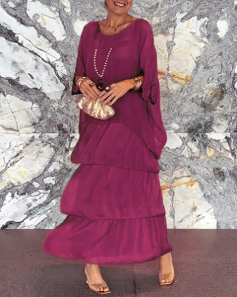 Damen nan mehrlagiges Stufenmaxikleid mit weitem Fledermausoberteil und stufigem Volantrock Drune