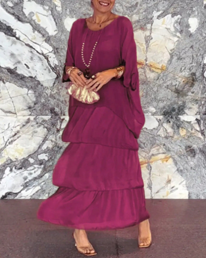 Damen nan bodenlanges Stufenkleid mit weiten Fledermausärmeln und lockerer Silhouette Drune