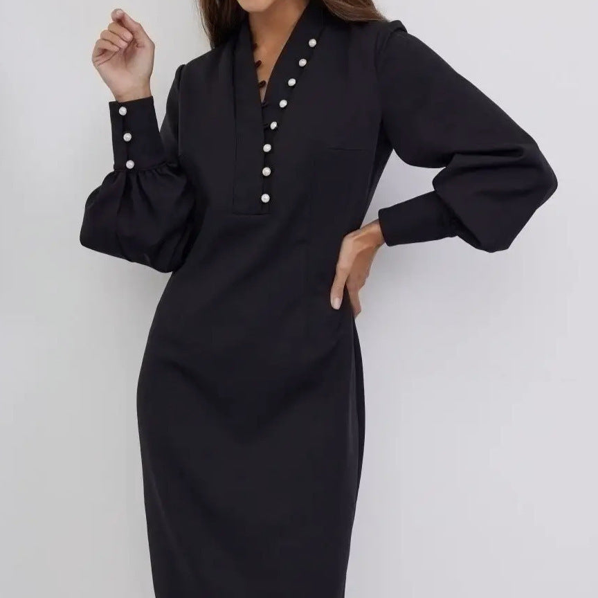 Damen elegantes Kleid mit Puffärmeln und Perlenknopfen Drune