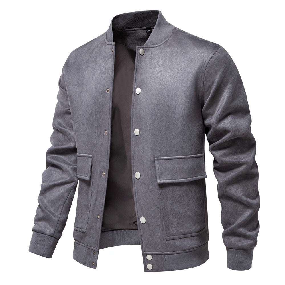 Herren nan Wildlederoptik-Collegejacke mit Druckknopfverschluss, Pattentaschen und geripptem Saum Drune