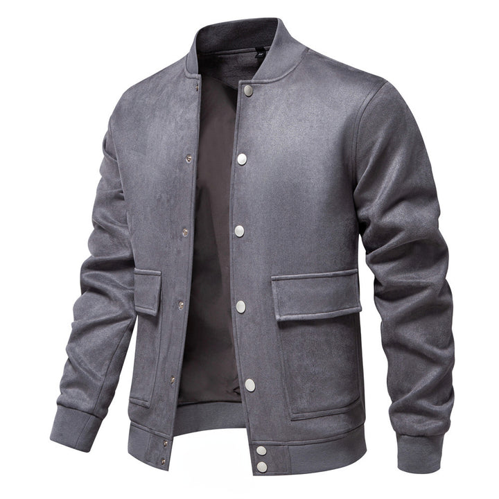Herren nan Wildlederoptik-Collegejacke mit Druckknopfverschluss, Pattentaschen und geripptem Saum Drune
