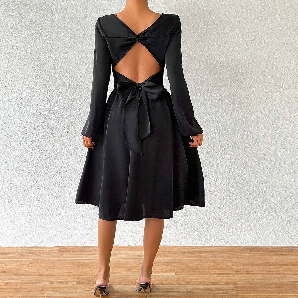 Damen elegantes Midikleid mit taillierter Korsagenoptik ausgestelltem A-Linien-Rock und langen ausgestellten Ärmeln Drune
