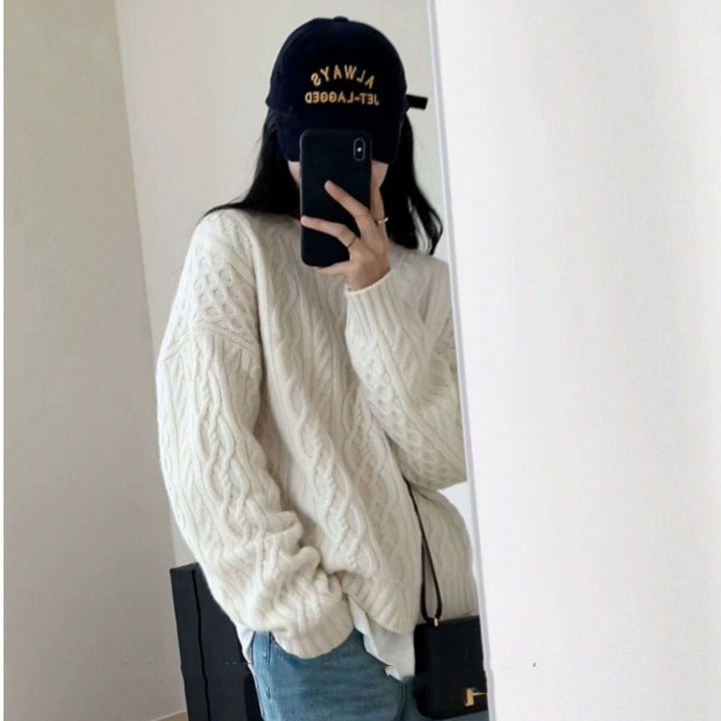Damen Oversize Zopfmuster‑Pullover mit Rundhalsausschnitt und lässiger Schulterpartie Drune