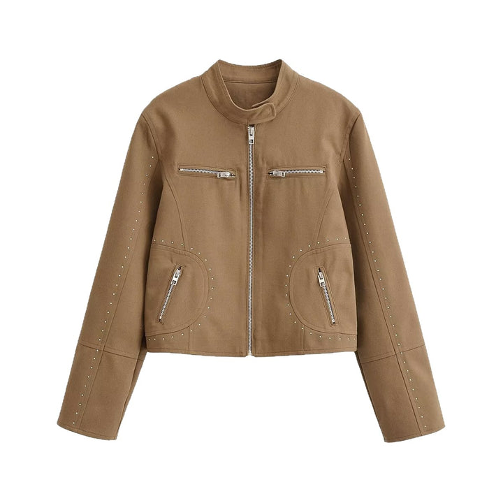 Damen Kurzblouson im Velourslook mit Stehkragen, Reißverschluss und Ziernieten Drune