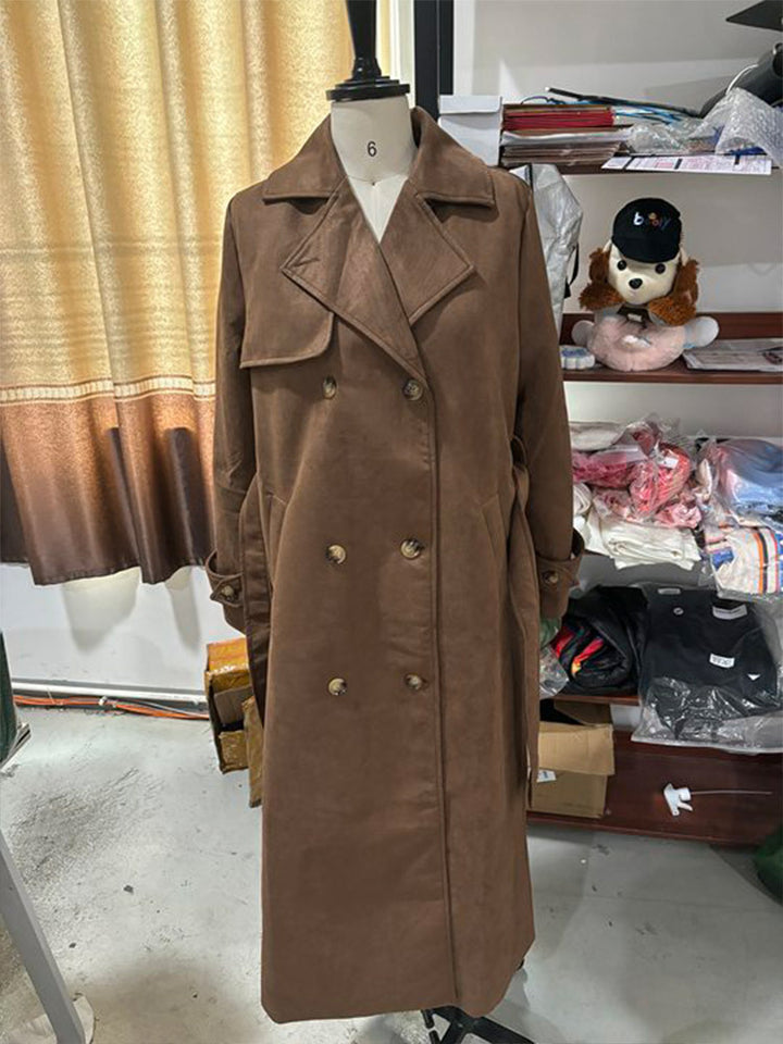Damen Langer Doppelreihiger Trenchcoat aus Veloursleder-Optik mit Taillengürtel Drune