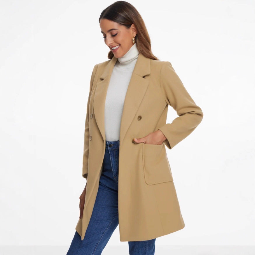 Damen eleganter Mantel mit doppelter Knopfreihe und seitlichen Taschen Drune