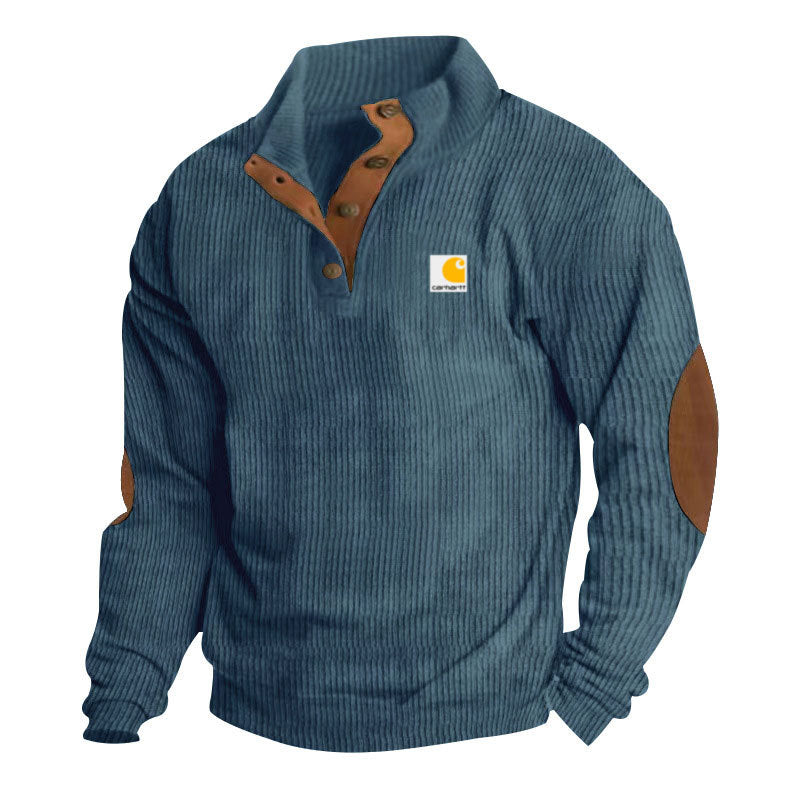 Herren nan Strickpullover im Troyer-Stil mit Stehkragen Lederbesatz Druckknopfleiste und Ellbogen-Patches Drune