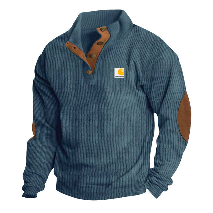 Herren nan Strickpullover im Troyer-Stil mit Stehkragen Lederbesatz Druckknopfleiste und Ellbogen-Patches Drune