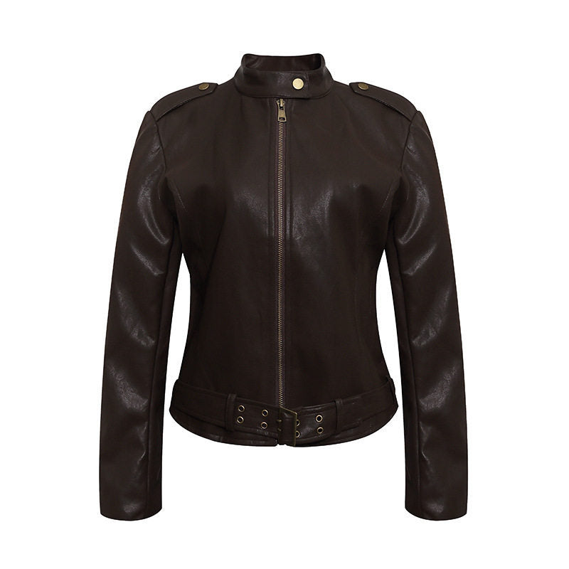 Damen Taillierte Lederoptik-Jacke mit Stehkragen, Schulterklappen und Taillengürtel Drune