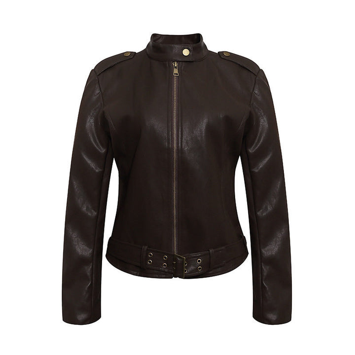 Damen Taillierte Lederoptik-Jacke mit Stehkragen, Schulterklappen und Taillengürtel Drune