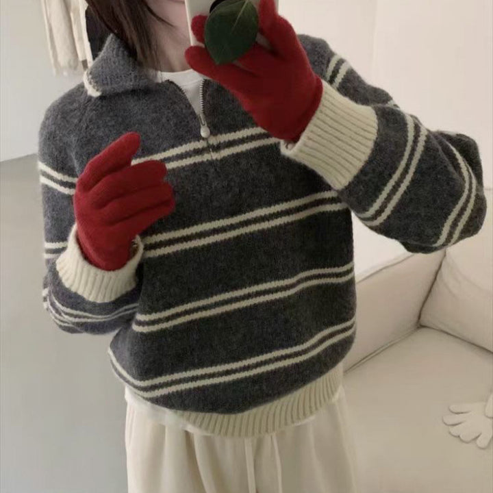 Damen Gemusterter Pullover mit Stehkragen und Kontrastdetails Drune