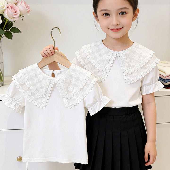 Mädchen T-Shirt mit romantischem Spitzenkragen und Rüschendetails Drune