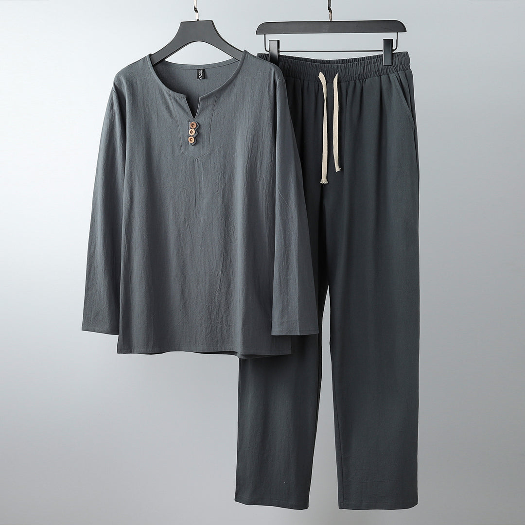 Damen Komfortables Baumwoll-Loungewear-Set mit Henley-Ausschnitt und Kordelbundhose Drune