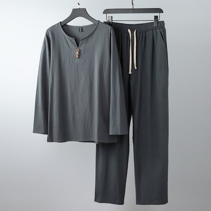 Damen Komfortables Baumwoll-Loungewear-Set mit Henley-Ausschnitt und Kordelbundhose Drune