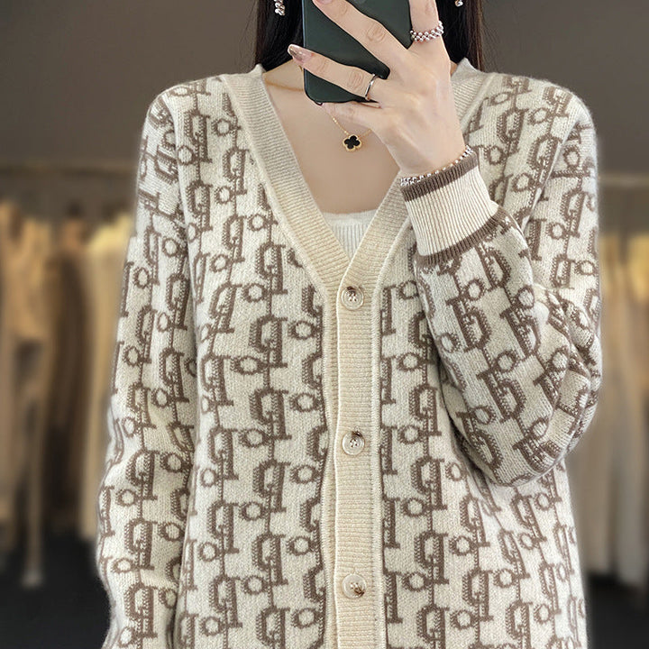 Damen Gemusterter Jacquard-Strickcardigan mit V-Ausschnitt und Perlmuttknöpfen Drune