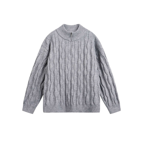 Unisex Grobgestrickter Halfzip-Pullover mit Zopfmuster und Stehkragen Drune