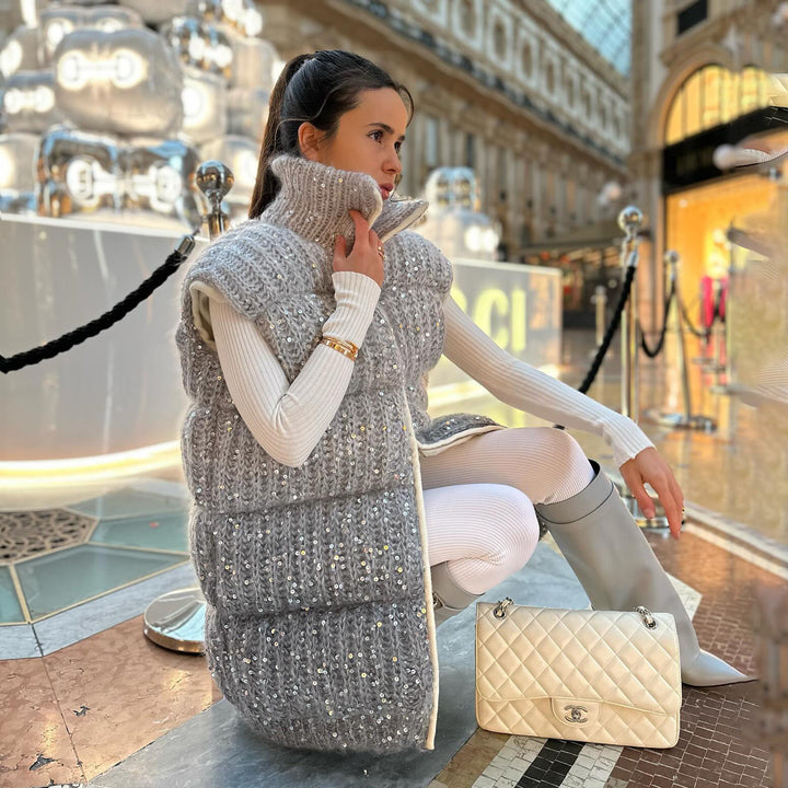 Damen Steppweste mit eleganten Pailletten-Details und hohem Kragen Drune