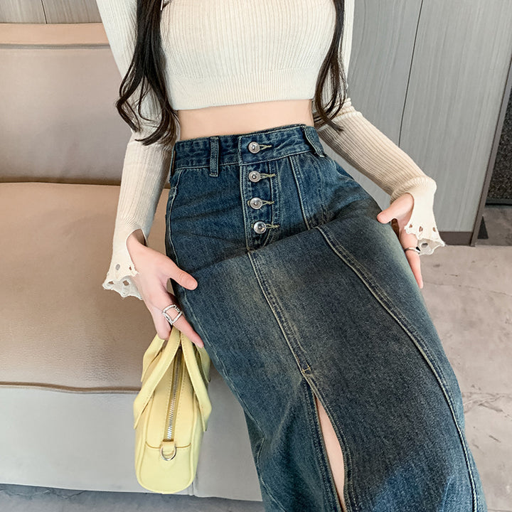 Damen Langer Denim-Rock mit Frontschlitz Drune